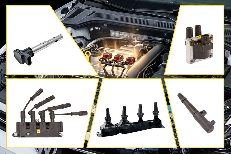 OE-Zündspulen am Motor und verschiedene Aftermarket-Typen: Pencil, Standard, Plug Top und Coil Near Plug